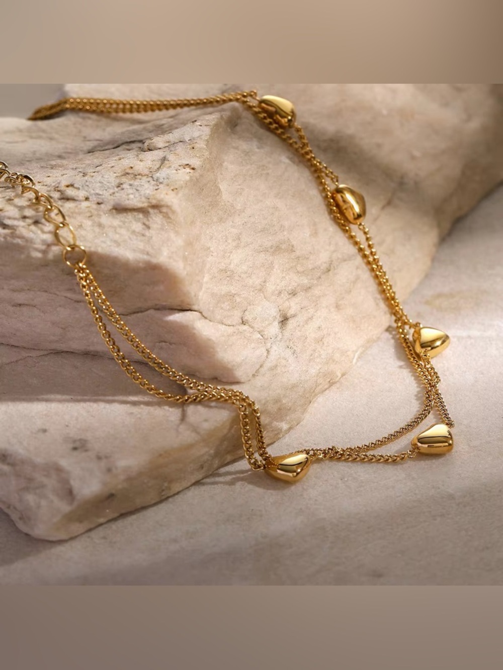 18K Gold Plated Double Layer Heart Charm Anklet - Picture 6 of 7